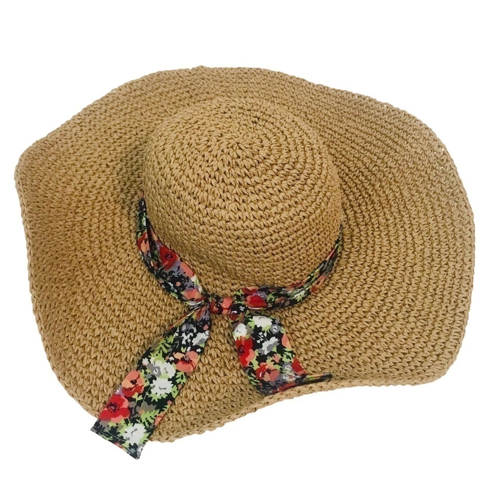 Floppy Straw Bohemian Floral Ribbon Large Sun Hat